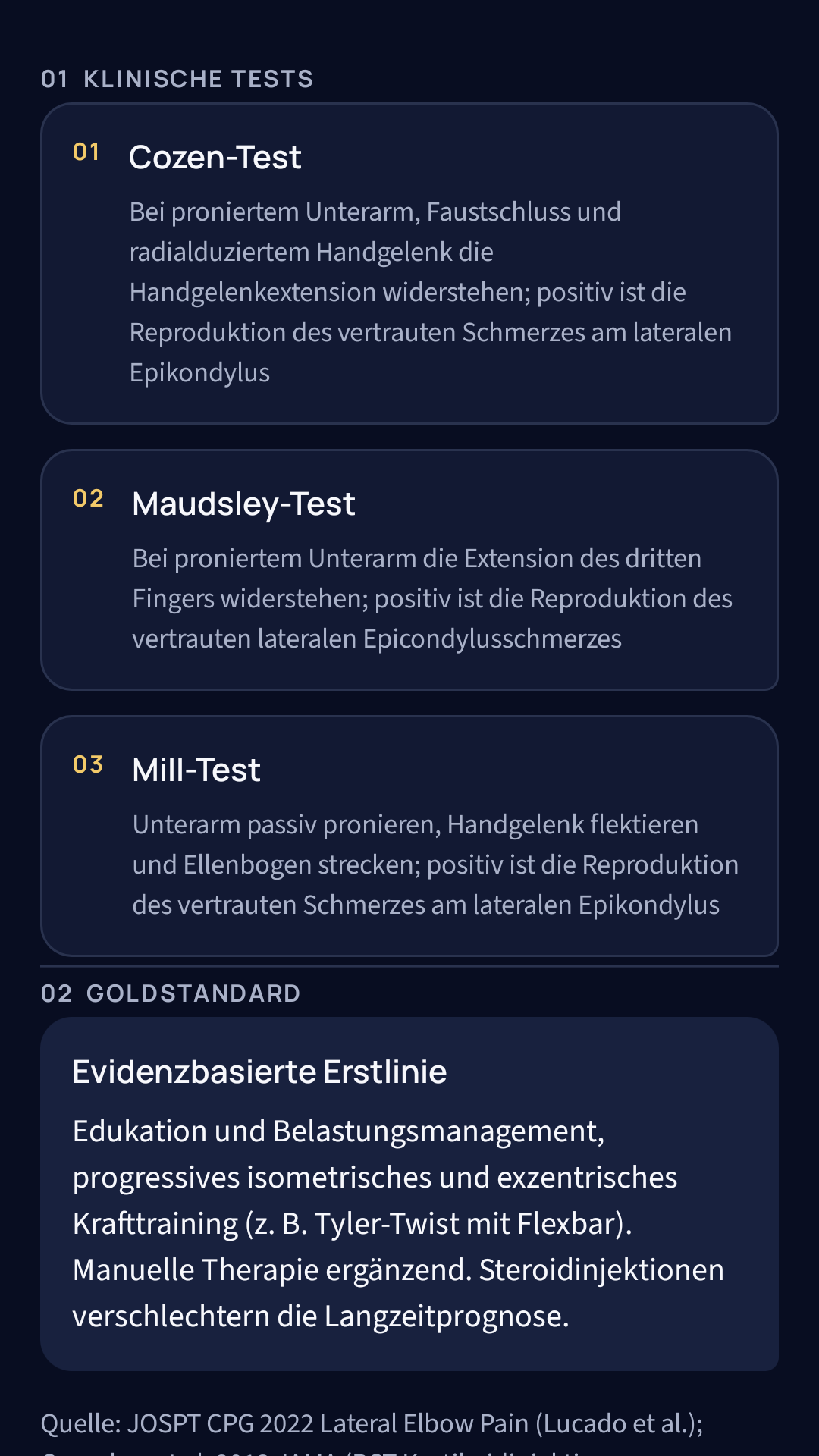 Freigeschaltete klinische Tests für die laterale Epicondylopathie in PhysioBrain