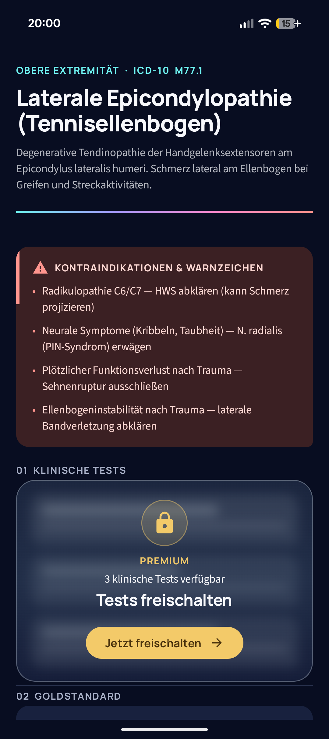 Diagnoseansicht mit Warnzeichen und Premium-Tests